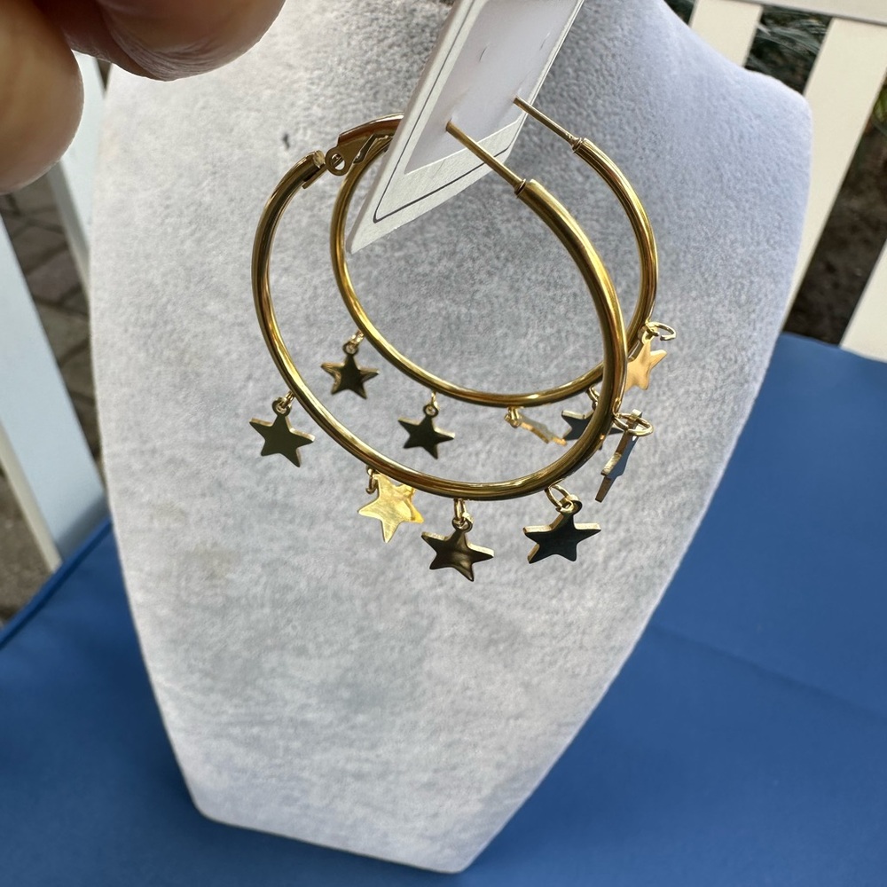 New Stainless Steel Gold Star Hoop Earrings - Picture 4 of 11
